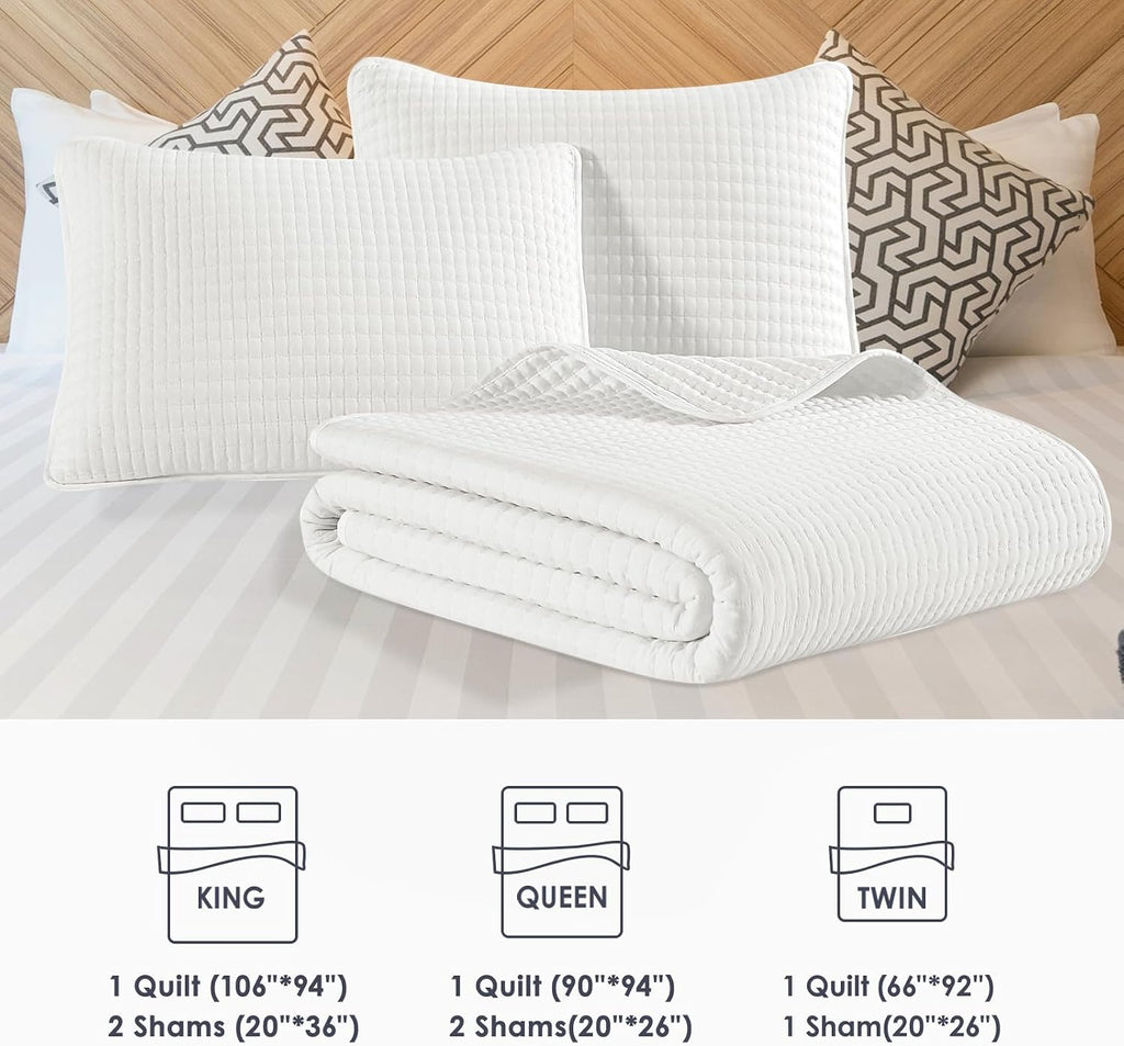 White Quilt Set Queen-3 Pieces Lightweight Bedspreads Summer Coverlet for All Season, Soft Quilt Bedding Set with 2