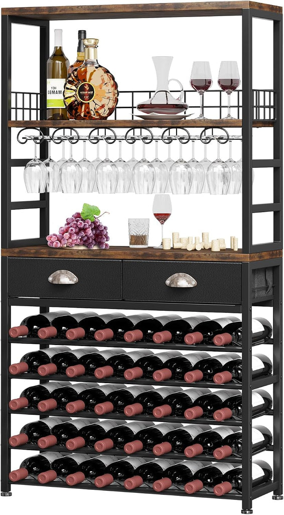 Wine Cabinet with Storage, Wine Rack Freestanding Floor, 6-Tier with Tabletop, Drawer and Wine Storage Bars
