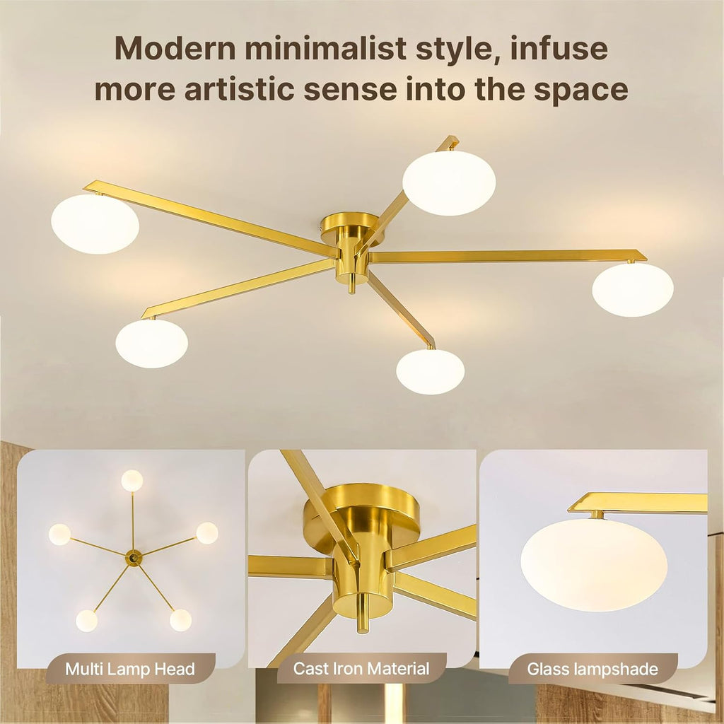 Semi Flush Mount Ceiling Light, Gold Sputnik Ceiling Light Fixture with 5-Oval Milk Glass Lampshades, Mid Century