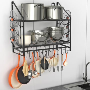 28 Inch Pot Rack Wall Mounted, 2 Tier Pots and Pans Organizer with 20 Hooks and 6 Pot Lid Holders, Heavy Duty Steel