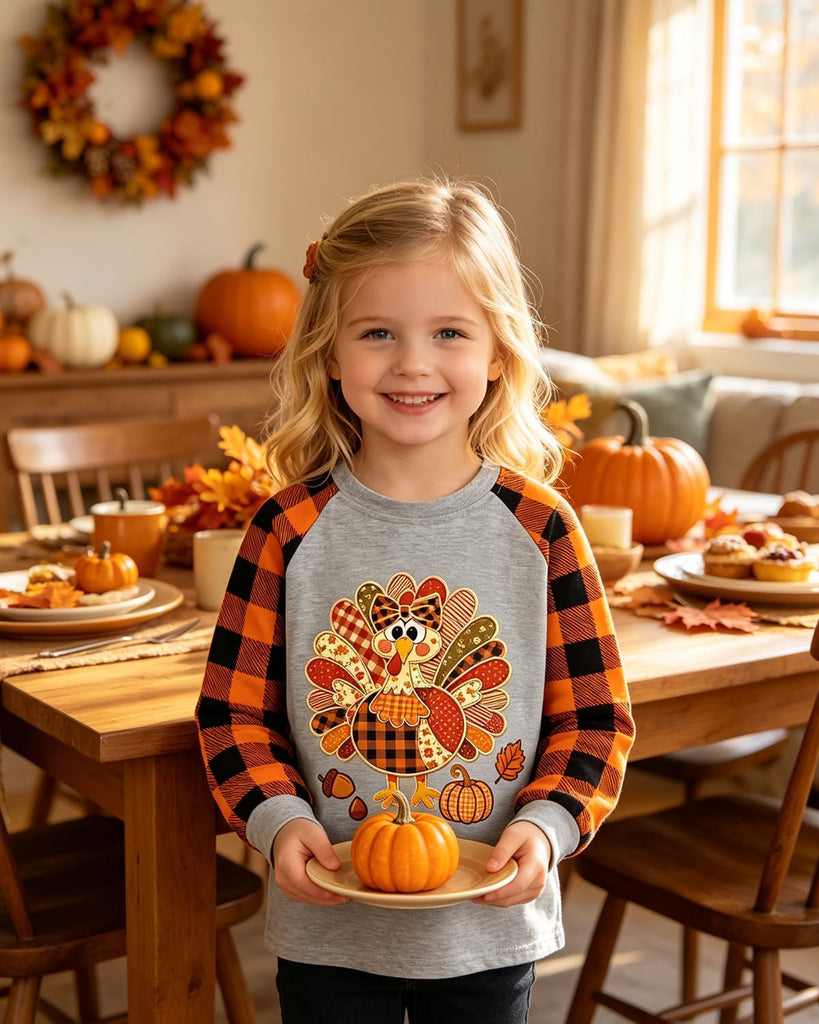 Girl Thanksgiving Shirt Turkey Thankful Orange Plaid Long Sleeve Top