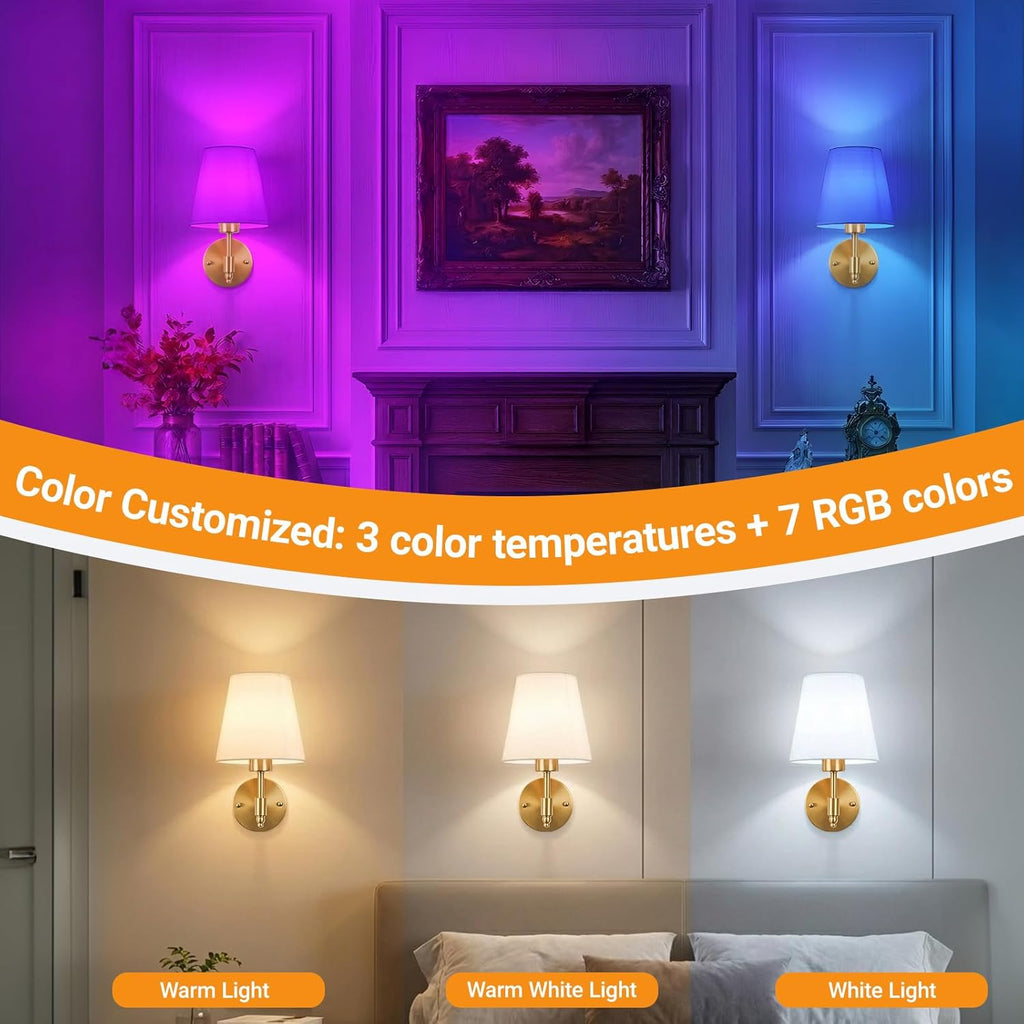 Battery Operated Wall Sconces Set of Two, Wireless Battery Wall Light with 10000mAh RGB Dimmable Magnetic Bulb and
