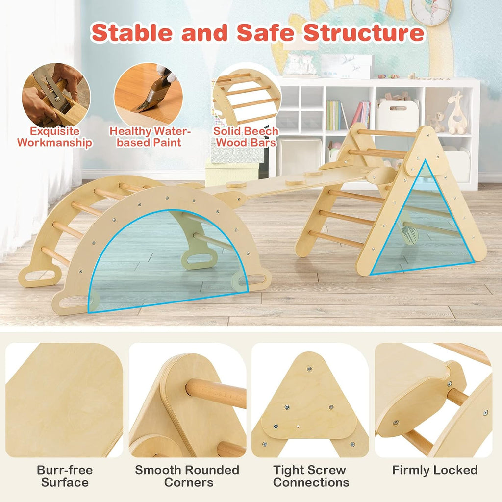 5 in 1 Wooden Climbing Toys for Toddlers, Triangle Climber with Ramp for Sliding or Climbing, Indoor Beech Montessori