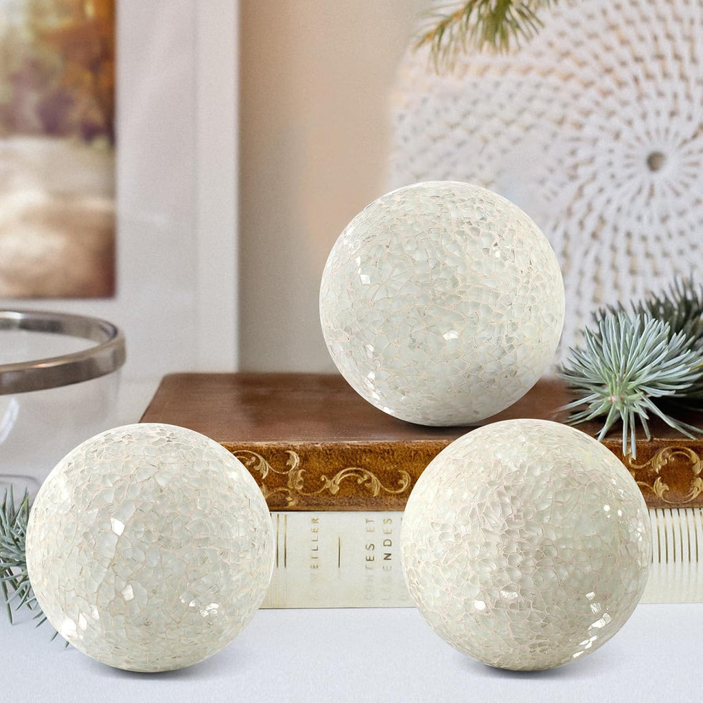 Mosaic Glass Orbs Decorative Balls 8.5cm/3.35inch Sphere Wedding Party Home Decor Table Centerpiece (White) - Set of 3