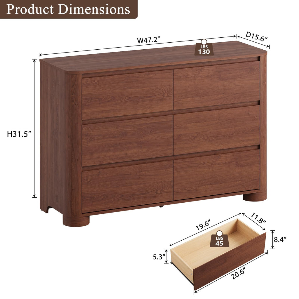 Walnut 6 Drawer Dresser, 47" Wide Chest of Drawers