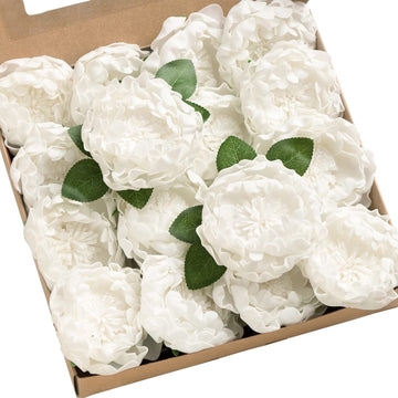 White Artificial Peony Flowers with Stems, 16 pcs