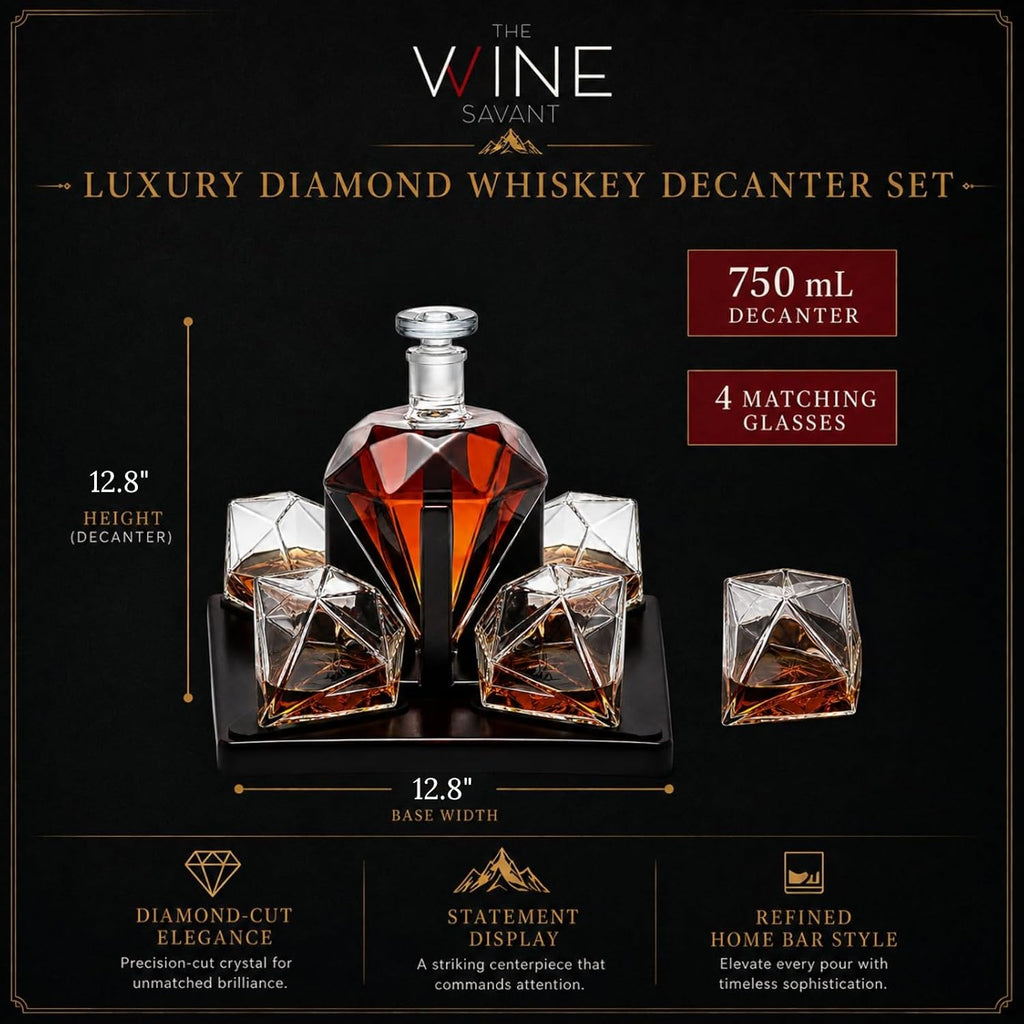 Ry Diamond Whiskey Decanter Set with 4 Matching Glasses & Mahogany Wood Base - 750ml Hand-Blown Borosilicate Glass - Set of 5