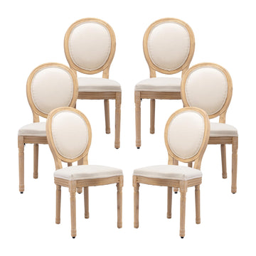Vintage French Dining Chairs Set of 6, Round Back Accent Chairs with Linen Seat and Solid Wood Frame, Farmhouse