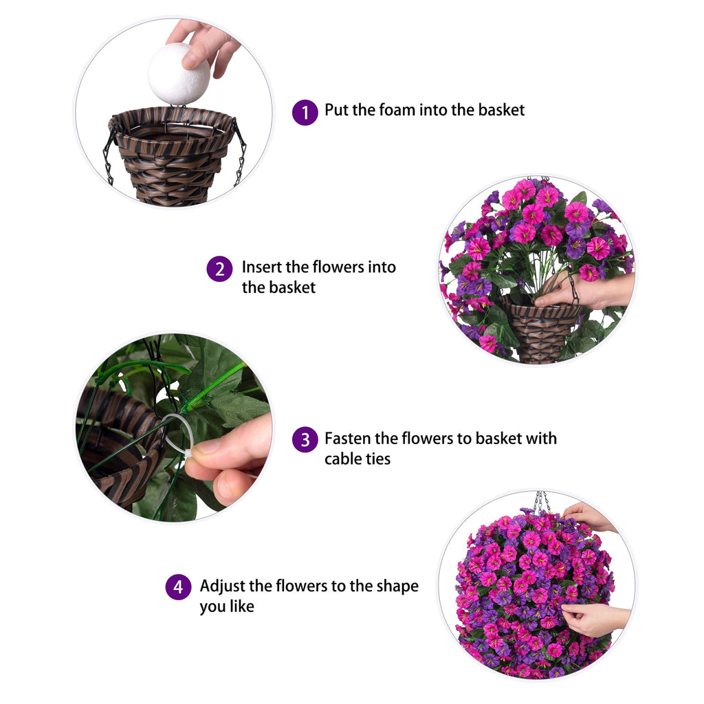 Artificial Fake Hanging Flowers in Basket for Outdoor Indoor Decoration, UV Resistant Faux Silk Dark Purple and