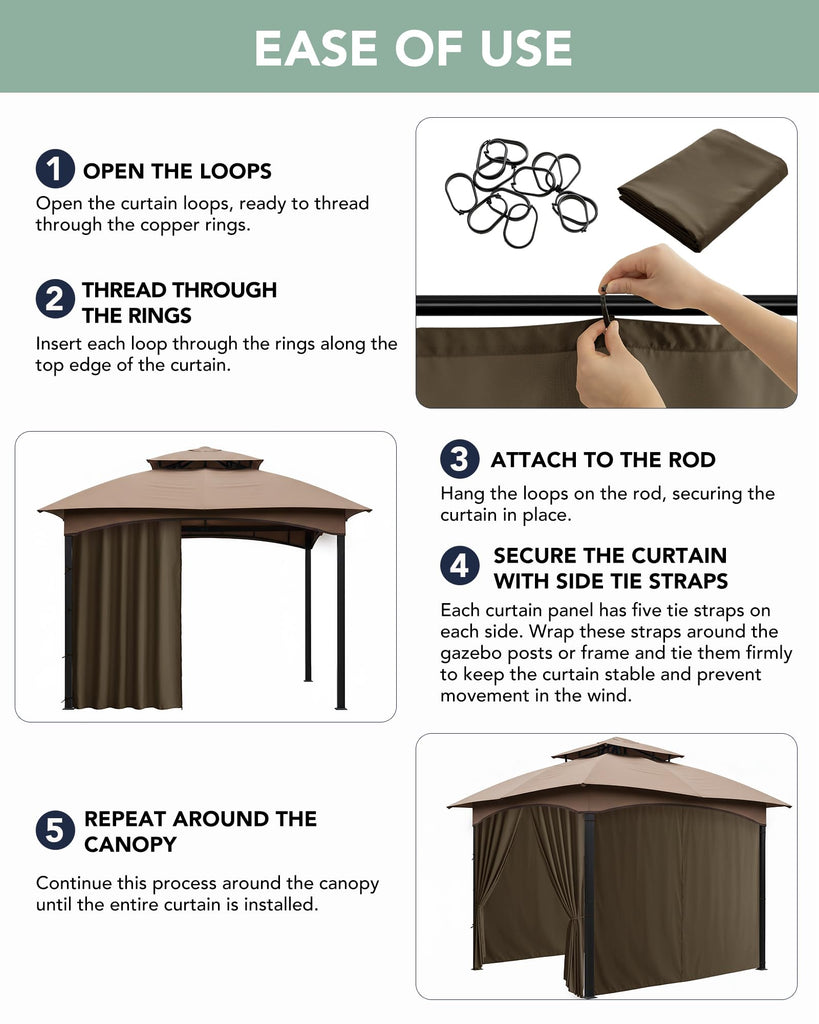 Gazebo Curtains Outdoor Waterproof with Zipper, 4-Panel, Brown