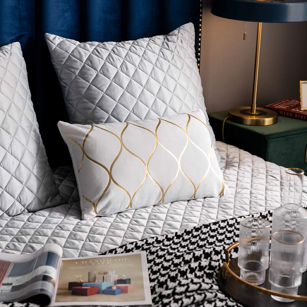 Gold Velvet Throw Pillow Covers Off White: 2 Pack 12x20 Inch Rectangular Decorative Pillow Cases Sofa Couch Living