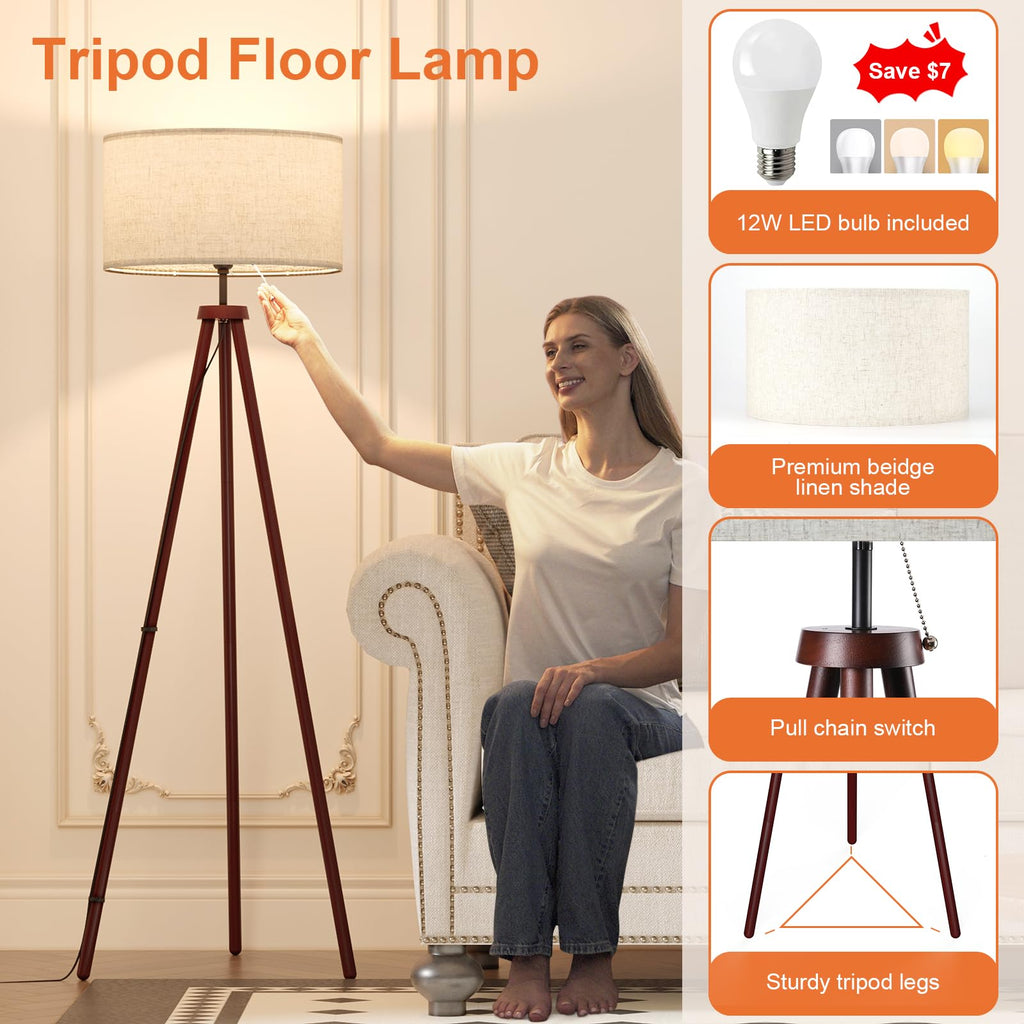 Wood Tripod Floor Lamps, and Office, Corner lamp with Beige Linen Shade, 12W Three-Color Bulb Included, Pull Chain