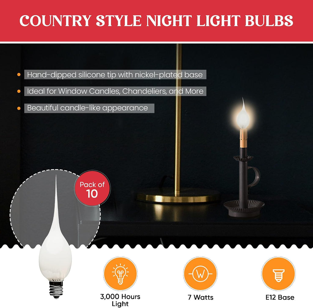 Silicone Dipped, Country Style, Electric Candle Lamp Chandelier Light Bulbs, 7 Watt Incandescent, Individually Boxed