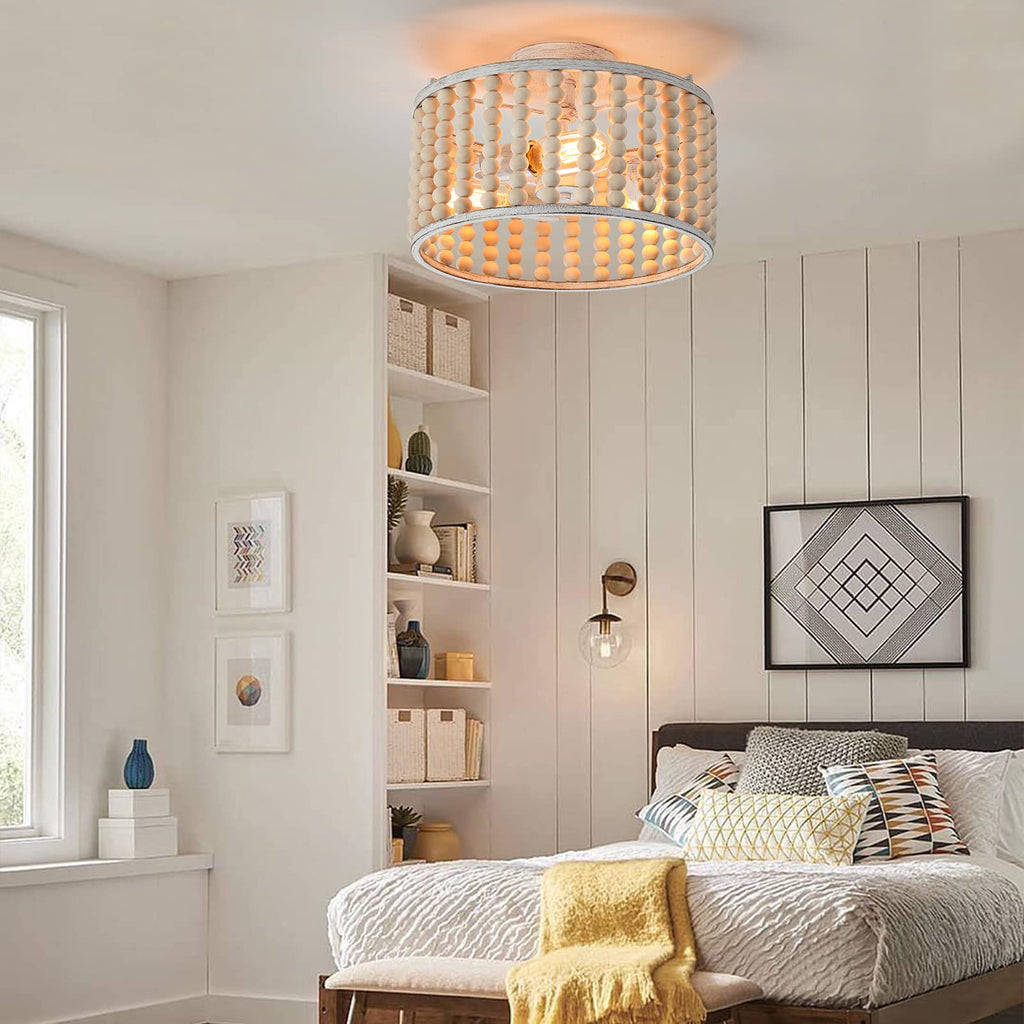 Wood Beaded Boho Chandelier Light Fixture, Semi Flush Mount Ceiling Light 3-Light Rustic Nursery Close to Ceiling