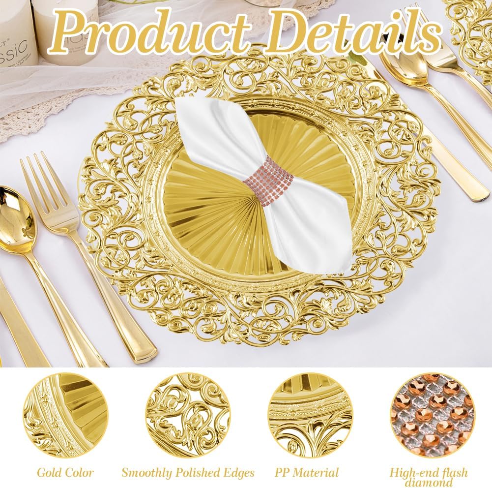 12 Set Gold Charger Plates with 12 Napkin Rings, 13-Inch Stackable Chargers | for Dinner Plates, Perfect for Wedding
