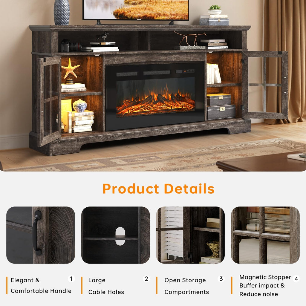 70" TV Stand with Electric Fireplace for TVs Up to 80", Gray & Black