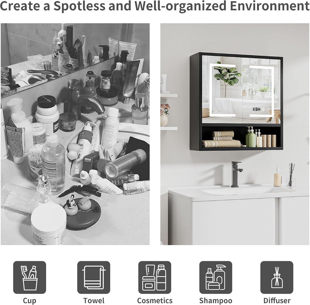 Bathroom Medicine Cabinet with Mirror, Lighted Wall Storage Cabinet, Black | 24" x 24" Modern LED Bathroom Mirror