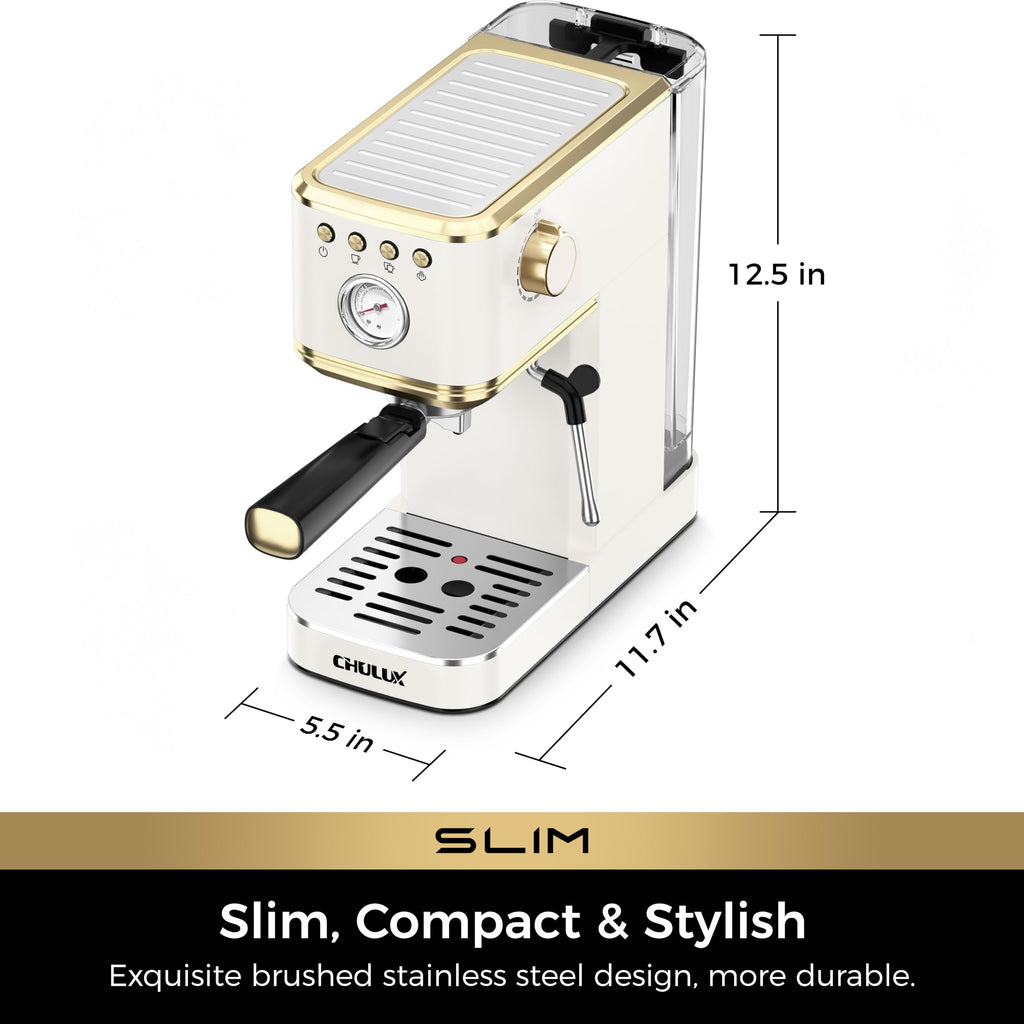 Slim Espresso Machine with Milk Frother Latte, White & Gold