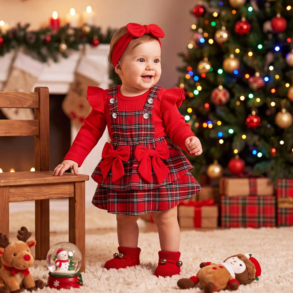 Baby Clothes For Girls Newborn Baby Girl Christmas Outfit Long Sleeve Ruffle Cute Romper Plaid Dress Bow
