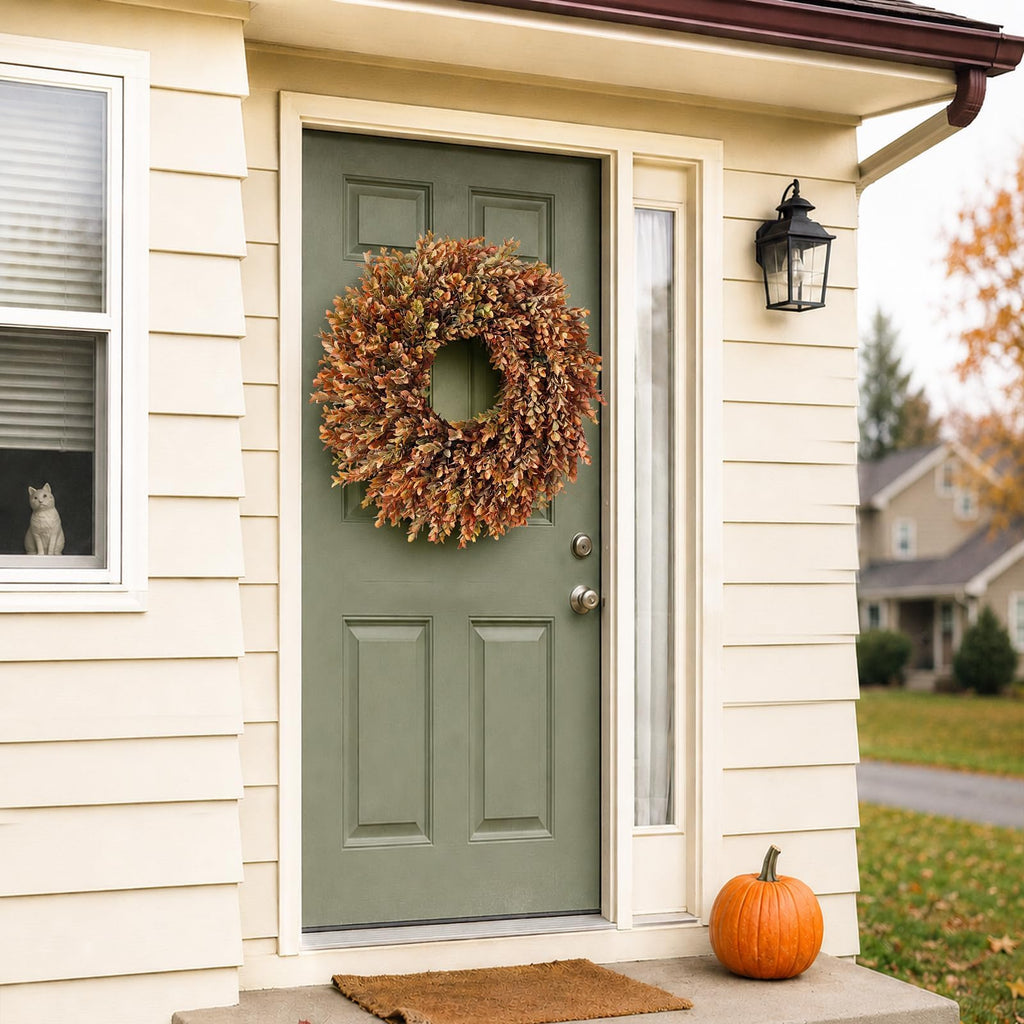26" Artificial Fall Azalea Leaves Wreath for Front Door Decor(Orange-Green)