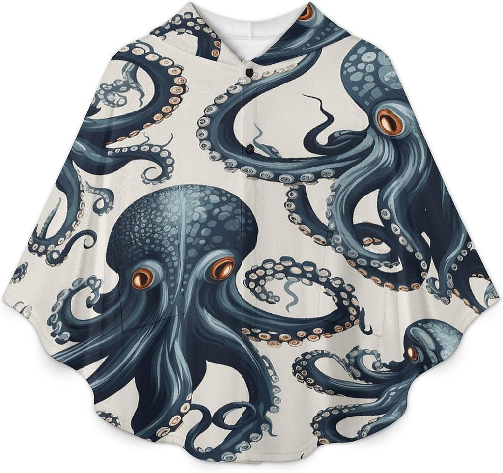 Octopus Pattern Wearable Blanket Hoodie Flannel Hooded Blanket | Sweatshirt Oversized Cozy Sweater Gift