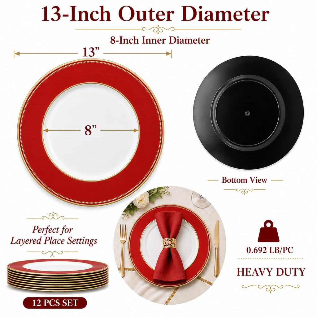 12PCS Red Beaded Charger Plates w/Gold Rim- 13in Heavy Duty Chargers for Dinner Plates-Round Plastic Plate Chargers