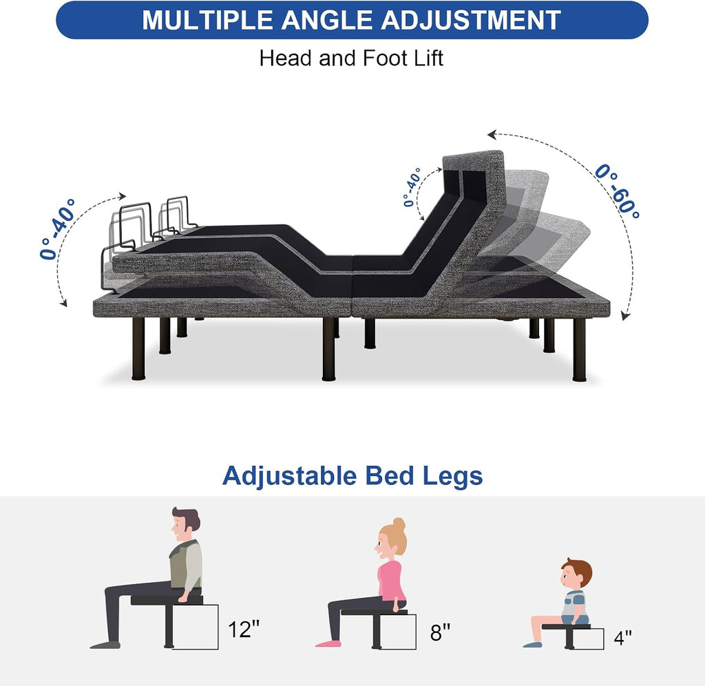 Split King Adjustable Bed Frame with Thickened Frame, Pillow-Tilt, Separate Head/Foot Lift, Zero Gravity, Anti-Snore