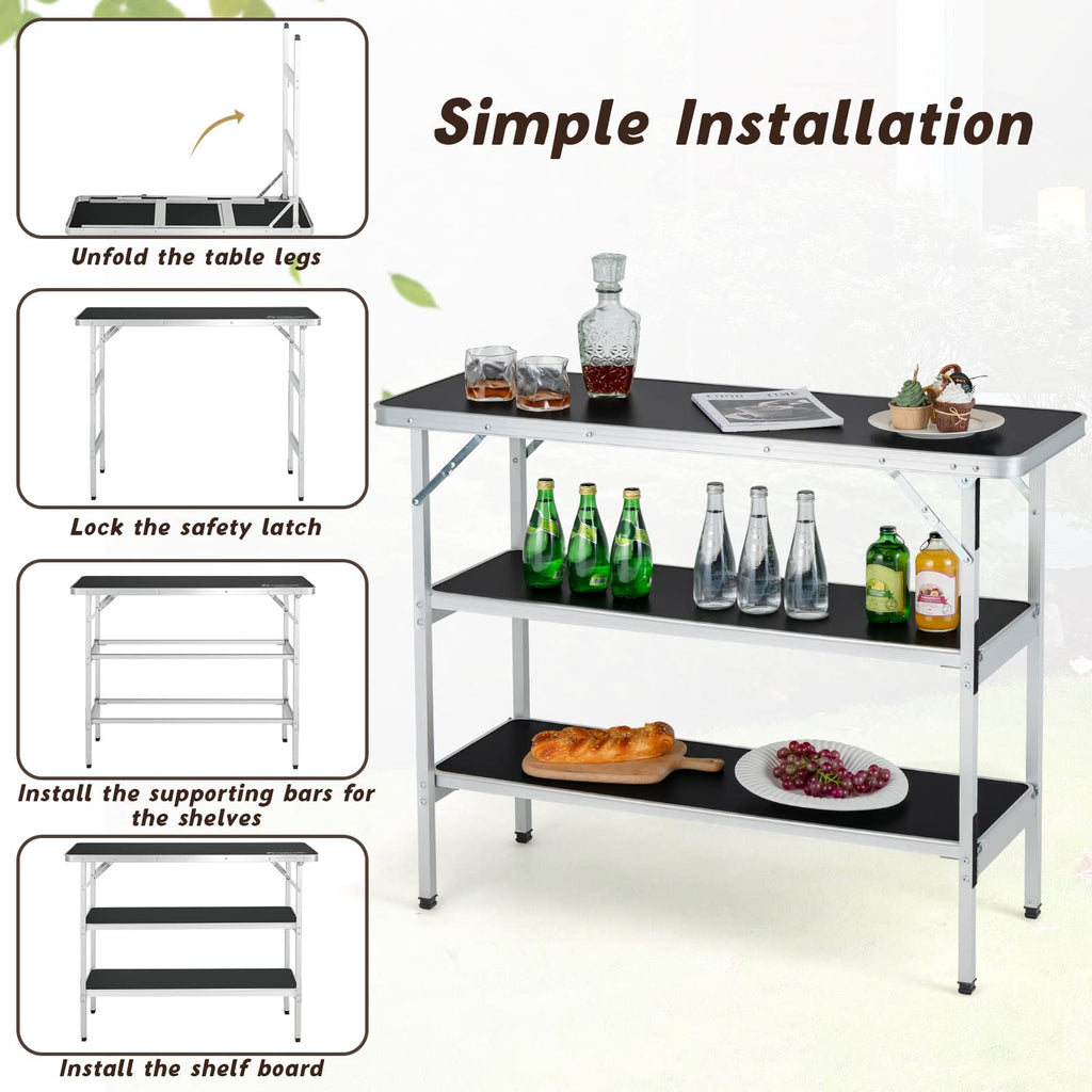 Portable Bar Table for Events, Folding Mobile Bartending Station with Storage Shelves, Removable Privacy Skirt