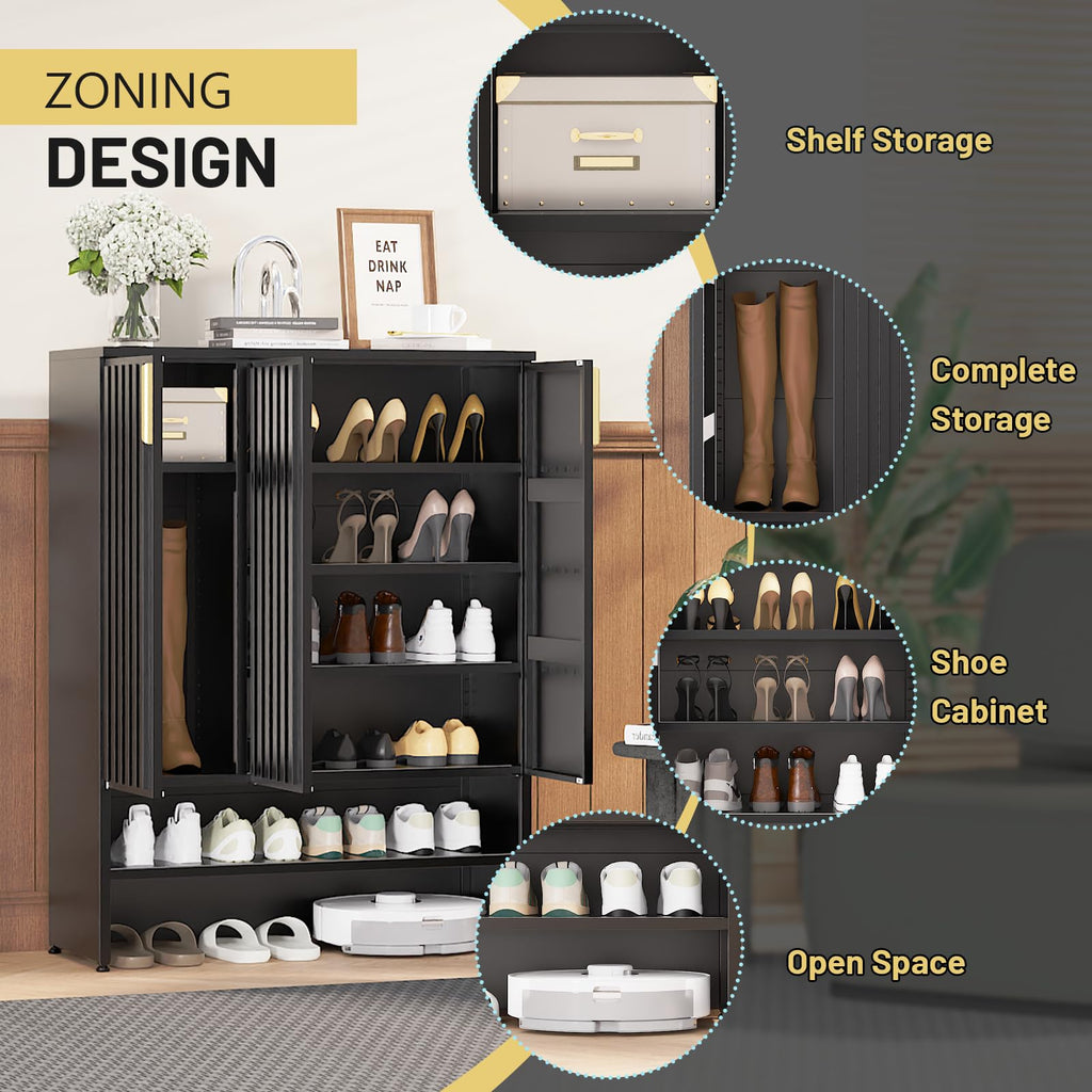 Metal Shoe Cabinet with Doors, 47''Tall 6-Tier Shoe Storage Cabinet with Adjustable Shelves and Fluted Doors, Shoe