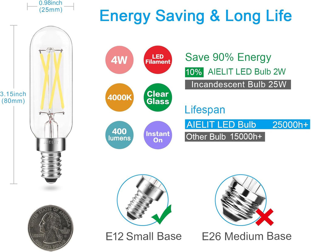 E12 LED Light Bulbs 40-Watt Equivalent, Natural White 4000K, Clear Glass, Tubular 4W Dimmable LED Filament