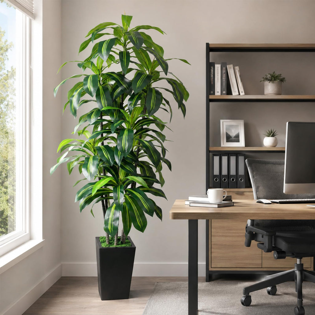 7FT Artificial Dracaena Tree, Fake Tree Indoor with Black Tall Planter, Tall Artificial Plants Indoor, Artificial Silk
