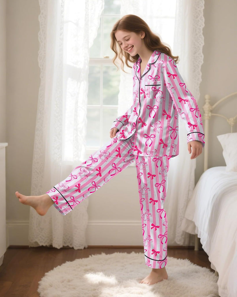 Girls Pajamas Silk PJS Set Satin Sleepwear Long Sleeve Jammies for Kids Button-Down Nightwear Loungewear