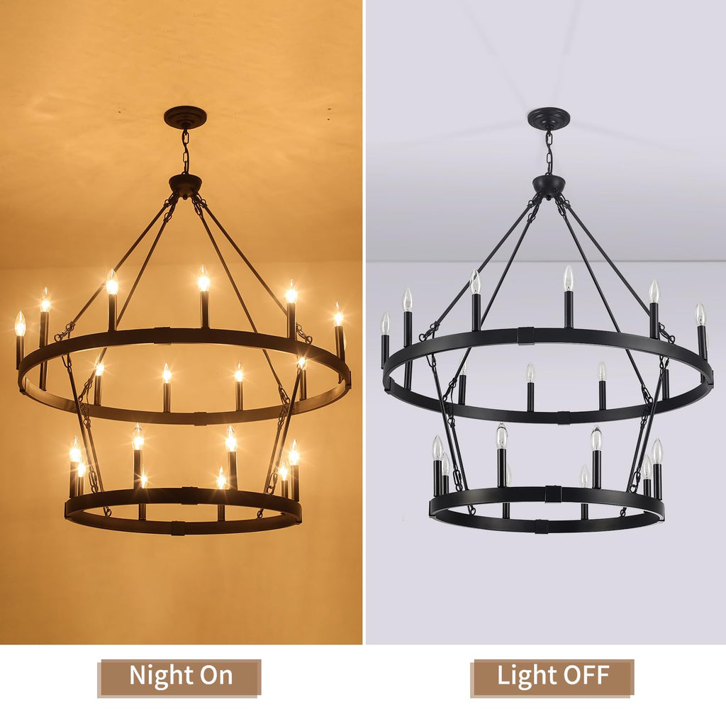 Inspired Camino Style Chandelier - Two Tier Wagon Wheel, 20-Light Black Farmhouse Chandelier W38" x H41"