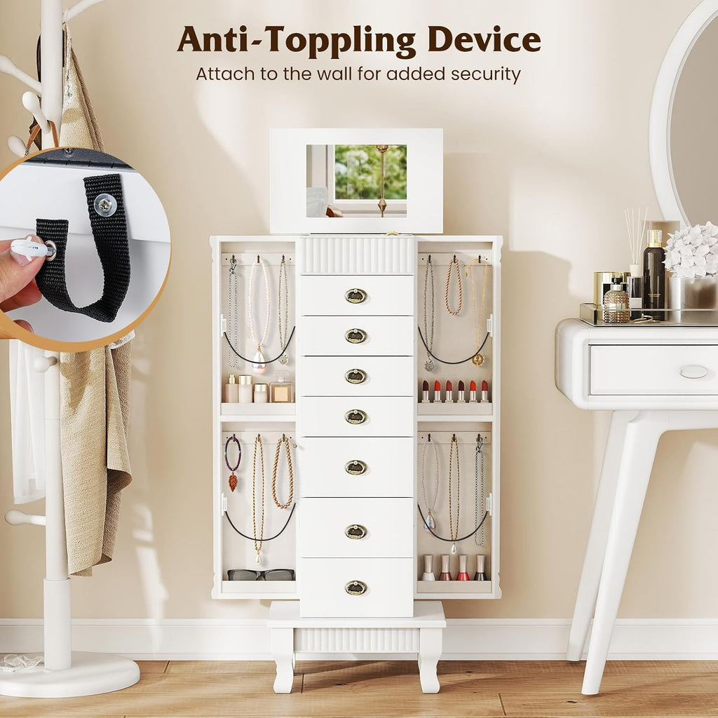 Jewelry Armoire, Standing Jewelry Box w/Mirror & 7 Drawers, White