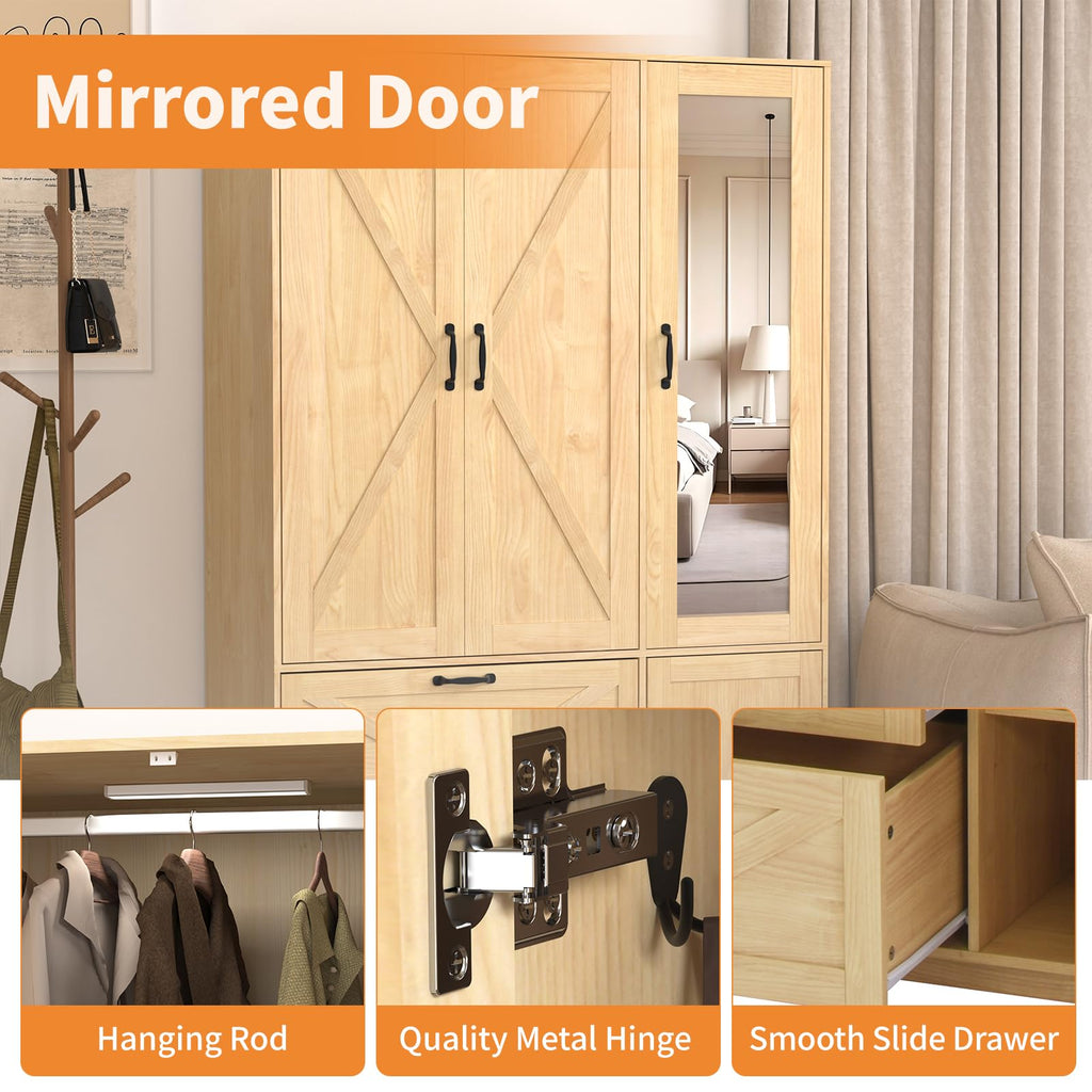 Armoire Wardrobe Closet with 3 Door, Bedroom Armoire with Mirror, LED Light, Hanging Rod, Drawers, Adjustable