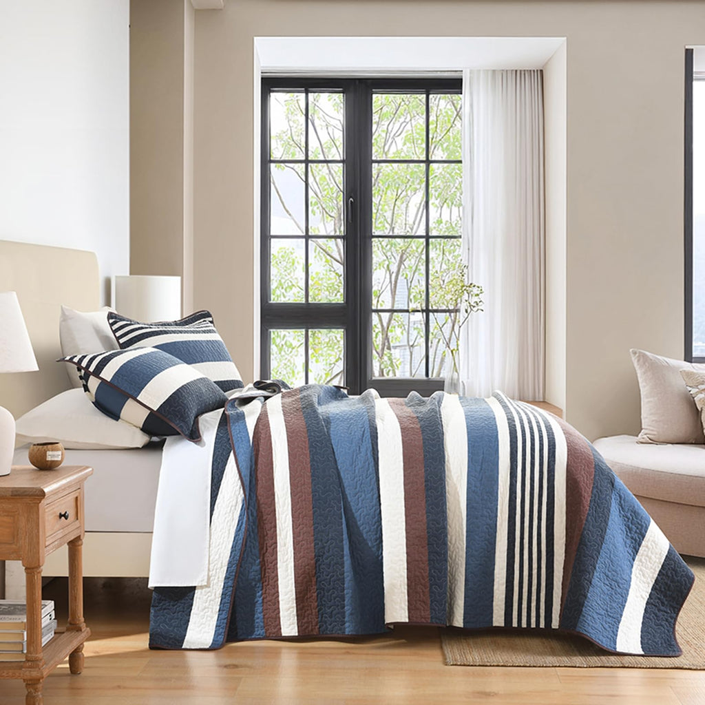100% Cotton Quilt Set, Modern Stripe Pattern, Navy/Brown