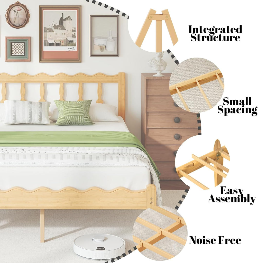 Bamboo Queen Bed Frame with Headboard, 14 inch Solid Wood Platform Bed Frames Queen with Metal Slats, No Box Spring