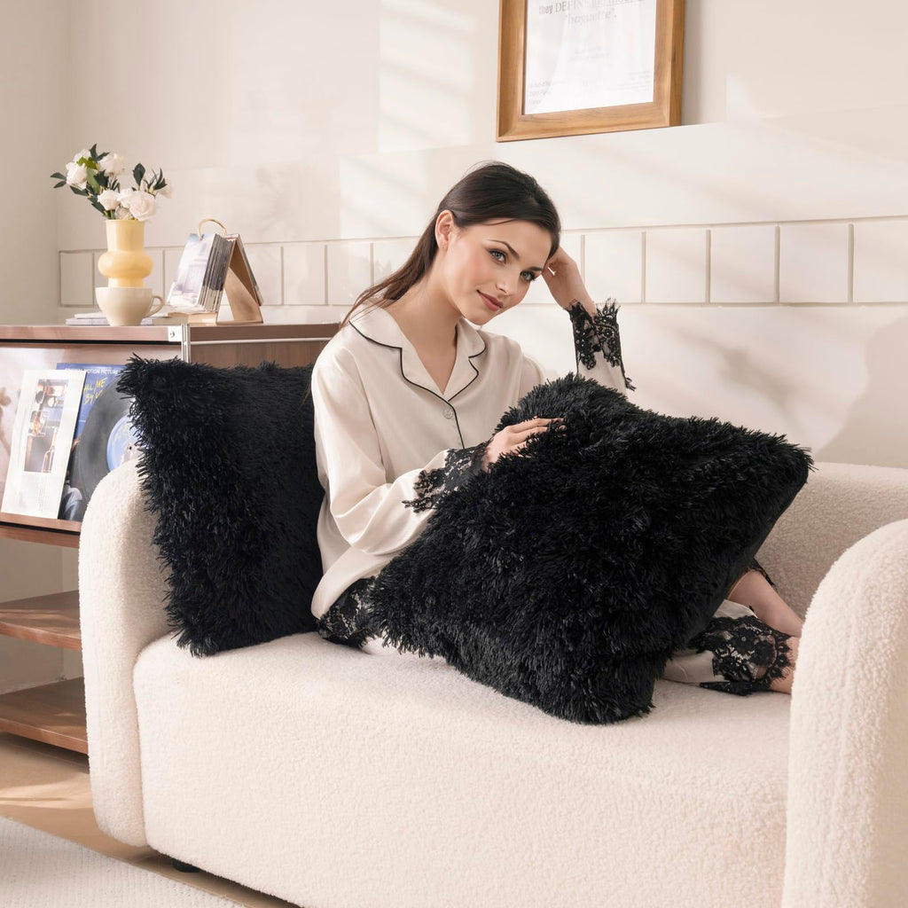 Faux Fur Black Throw Pillow Covers, Fluffy Soft Fuzzy Decorative Pillow Cases Cute Pillowcases Bedroom Living Room
