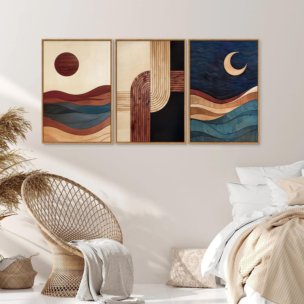 Boho Mid Century Modern Framed Canvas Wall Art, Bohemian Geometric Wall Decor, Abstract Sun and Moon Artwork, Beige