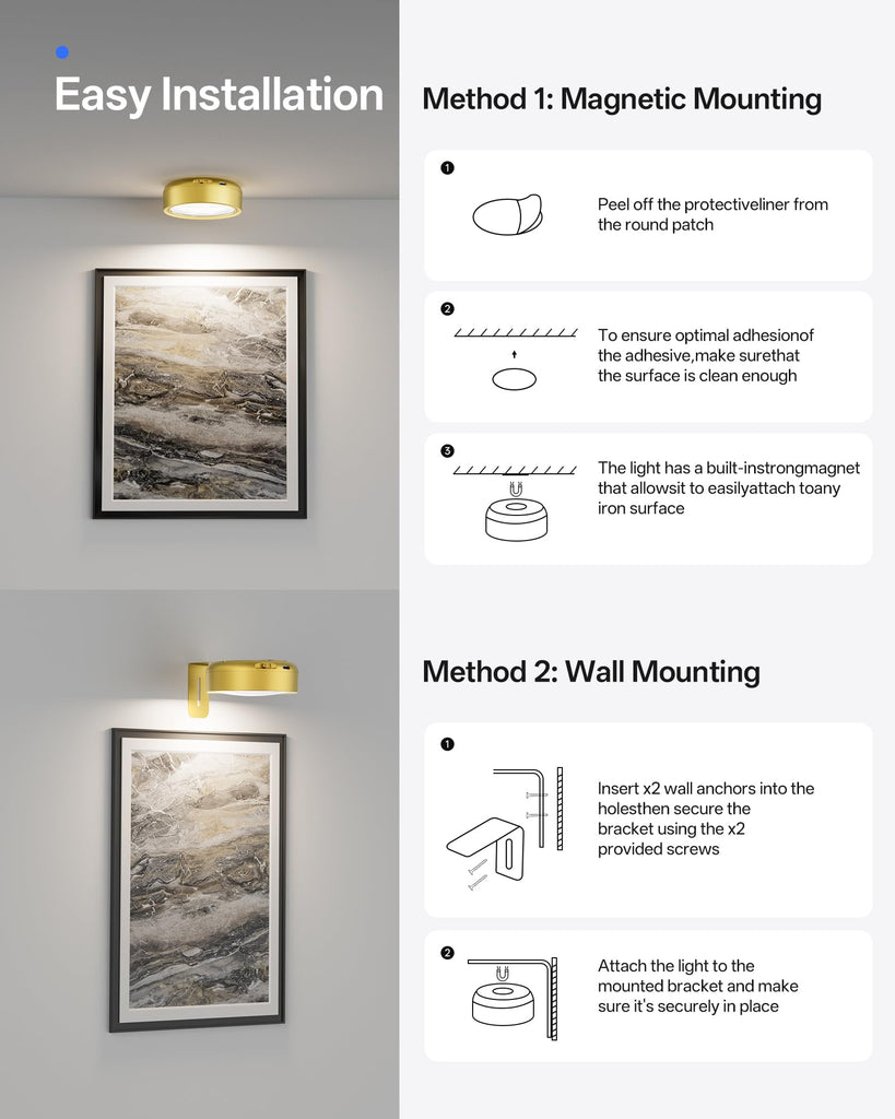 3 Pack Picture Lights for Wall, 2200mAh Rechargeable, Gold