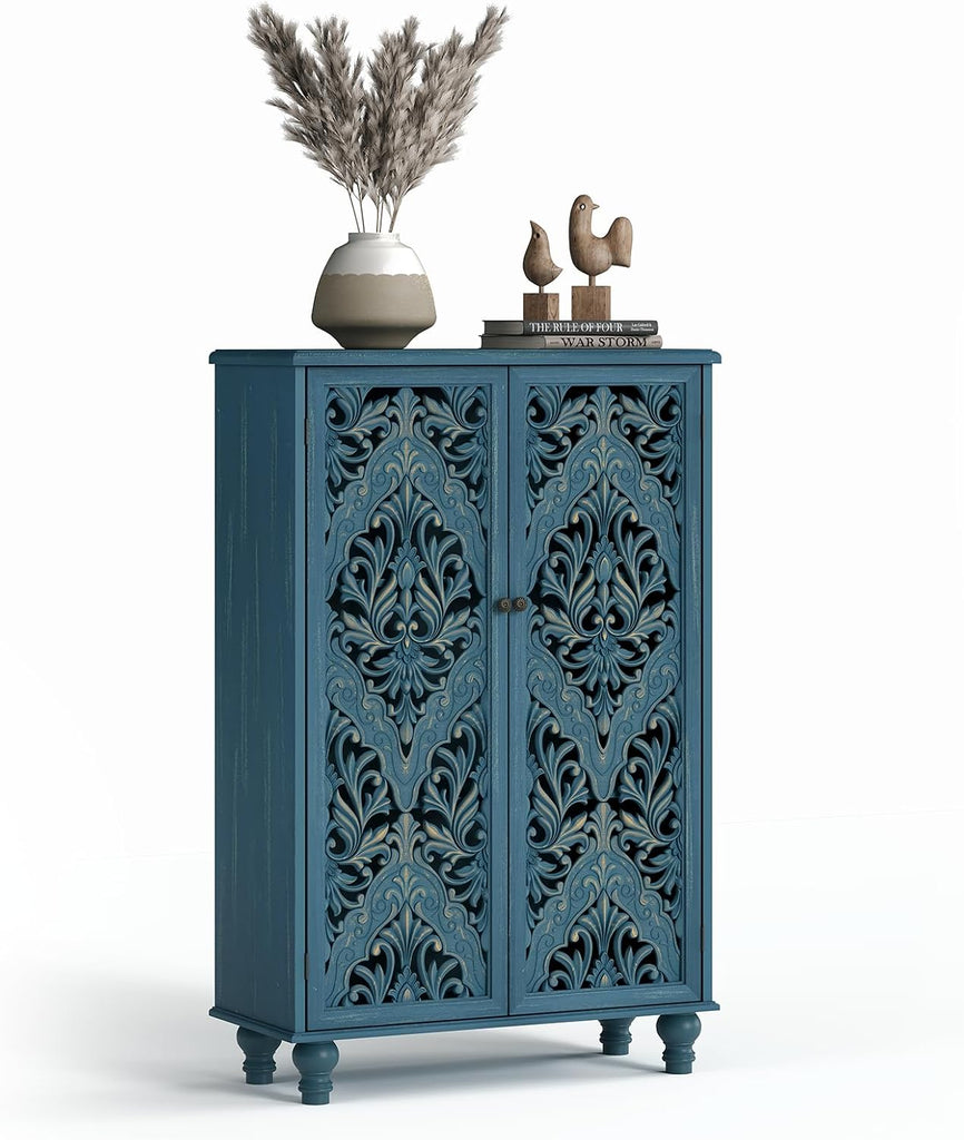 Buffet Sideboard Cabinet with Hand-Carved Doors, 47" Tall Accent Cabinet , Vintage Wood Storage Cabinet with Shelves