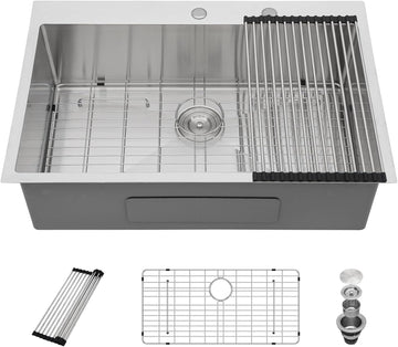 30 Inch Drop Sink Workstation 16 Gauge 304 Stainless Steel Single Bowl Top Mount Sinks, Round Corner 30"x22"x9"