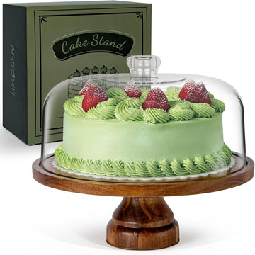 Cake Stand with Dome Lid, Acacia Wood Cake Plate with Cover