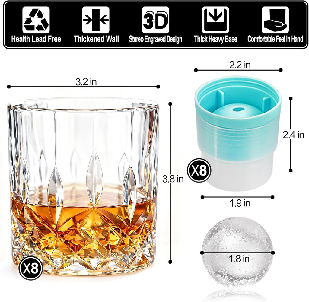 Whiskey Glasses, Set of 16 (8 Rocks Glasses 8 Whiskey Ice Ball Molds), 11 OZ Old Fashioned Glass for Bourbon Vodka