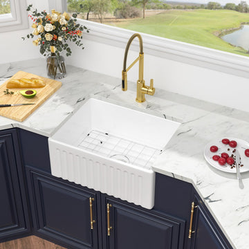 24 White Farmhouse Kitchen Sink - 24X18 Inch Farmhouse Sink Reversible Apron Front Ceramic Porcelain Farm Sinks