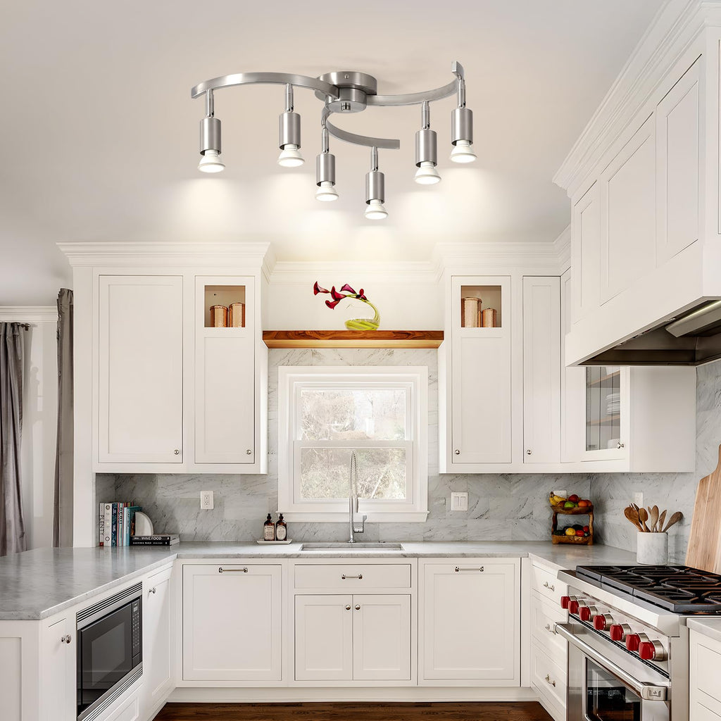 6 Light Track Lighting Fixtures Ceiling, Flexibly Rotatable Light Heads, Nickel Semi Flush Mount Ceiling Light Dining