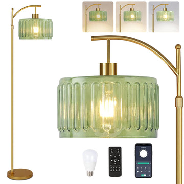 Glass Floor Lamp, Gold Dimmable Standing Lamp with Remote, Mid Century Modern Brass Tall Lamp Boho Vintage Retro Floor