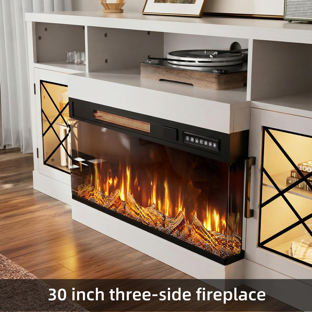 65" Fireplace TV Stand, 3 Sided Glass Fireplace Entertainment Center for TVs up to 75" with Storage Cabinet, Glass
