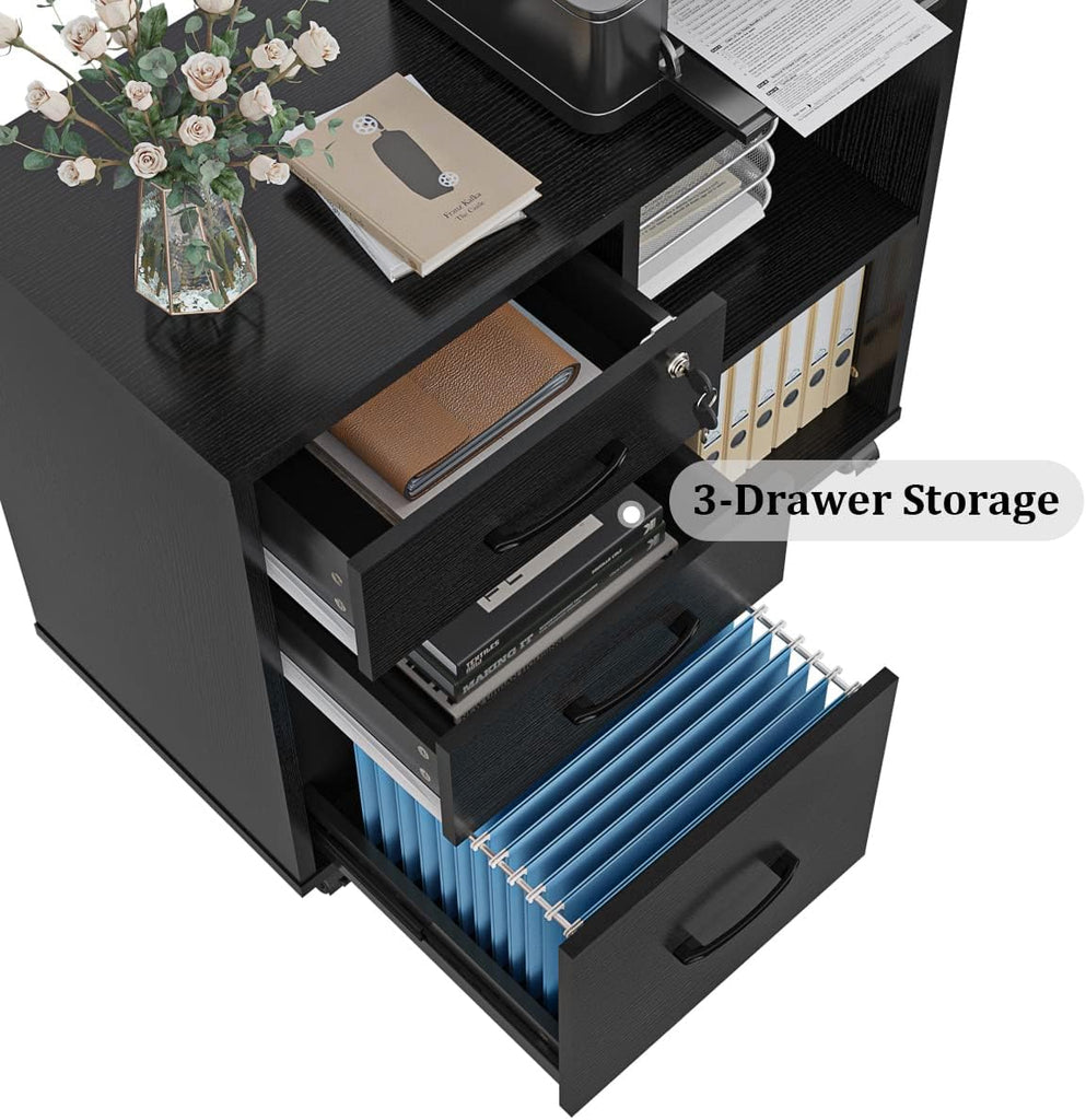 3 Drawer Office File Cabinets, Mobile Lateral Printer Stand with Open Storage Shelf, Rolling Filing Cabinet with