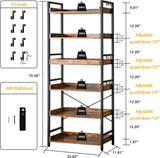 Adjustable 6 Tier Open Bookcase, Rustic Farmhouse Book Shelves, Industrial Wood and Black Metal Bookshelves